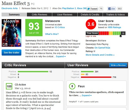 Mass Effect 3 humillado por los usuarios